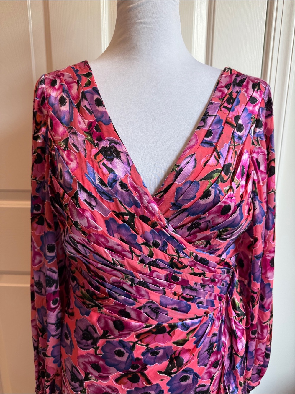 Theia Pink Floral Wrap-Front Long Sleeve Dress with Purple Blooms - Picture 2 of 8